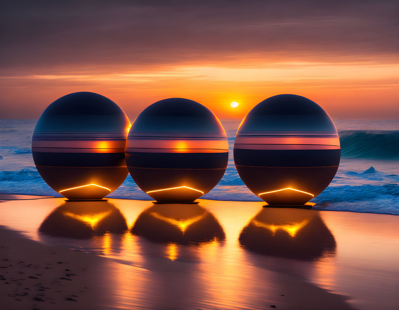 Futuristic egg-shaped objects on beach at sunset