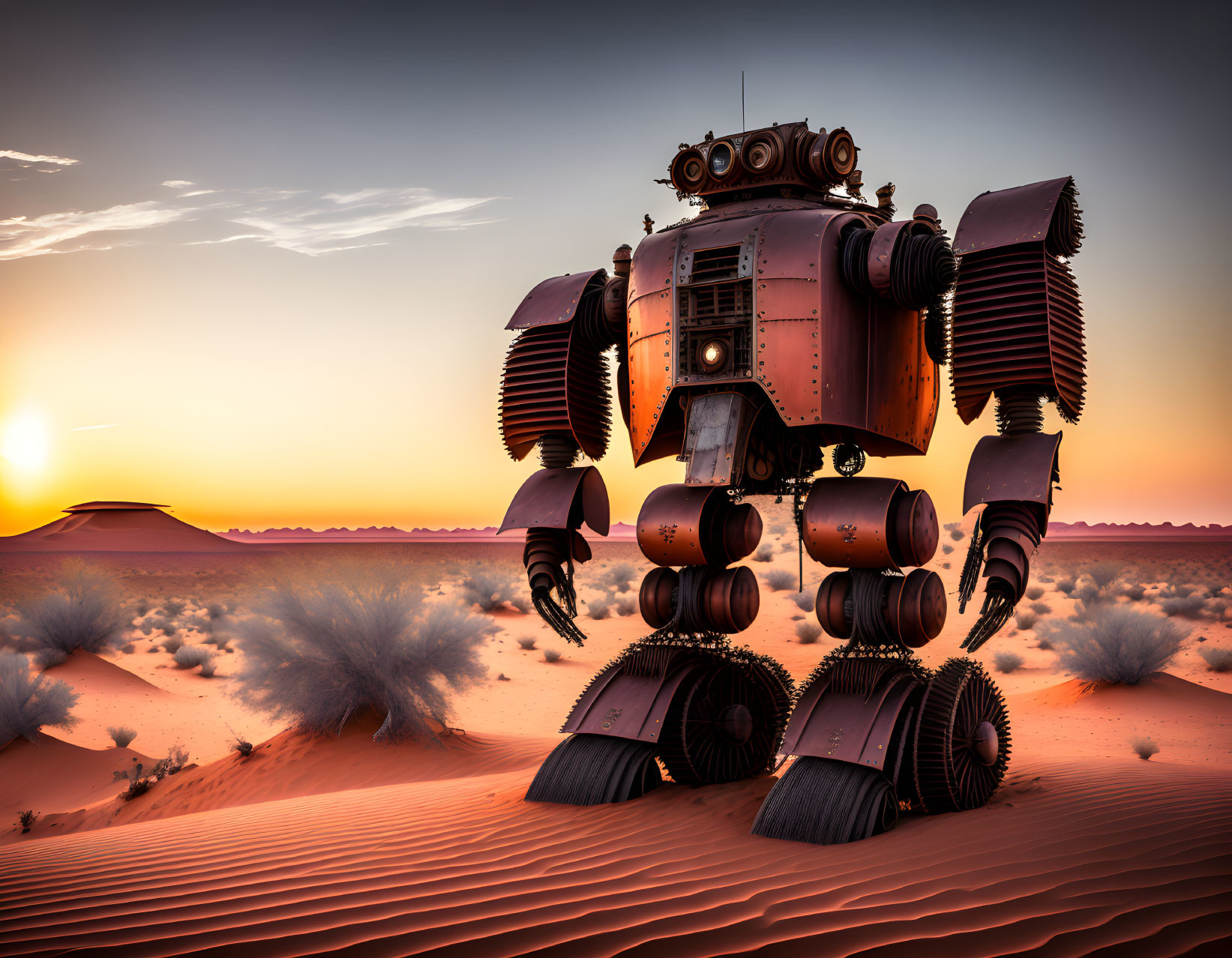 Mechanical robot with articulated limbs in desert sunset