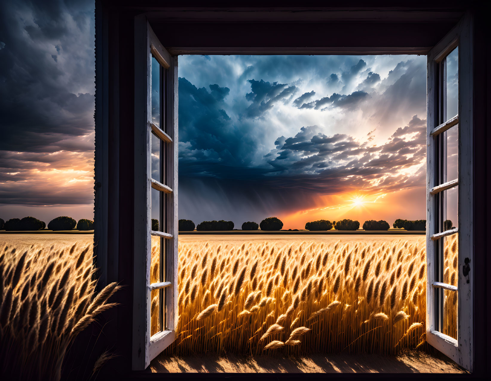 Golden wheat field at sunset with storm clouds in sky