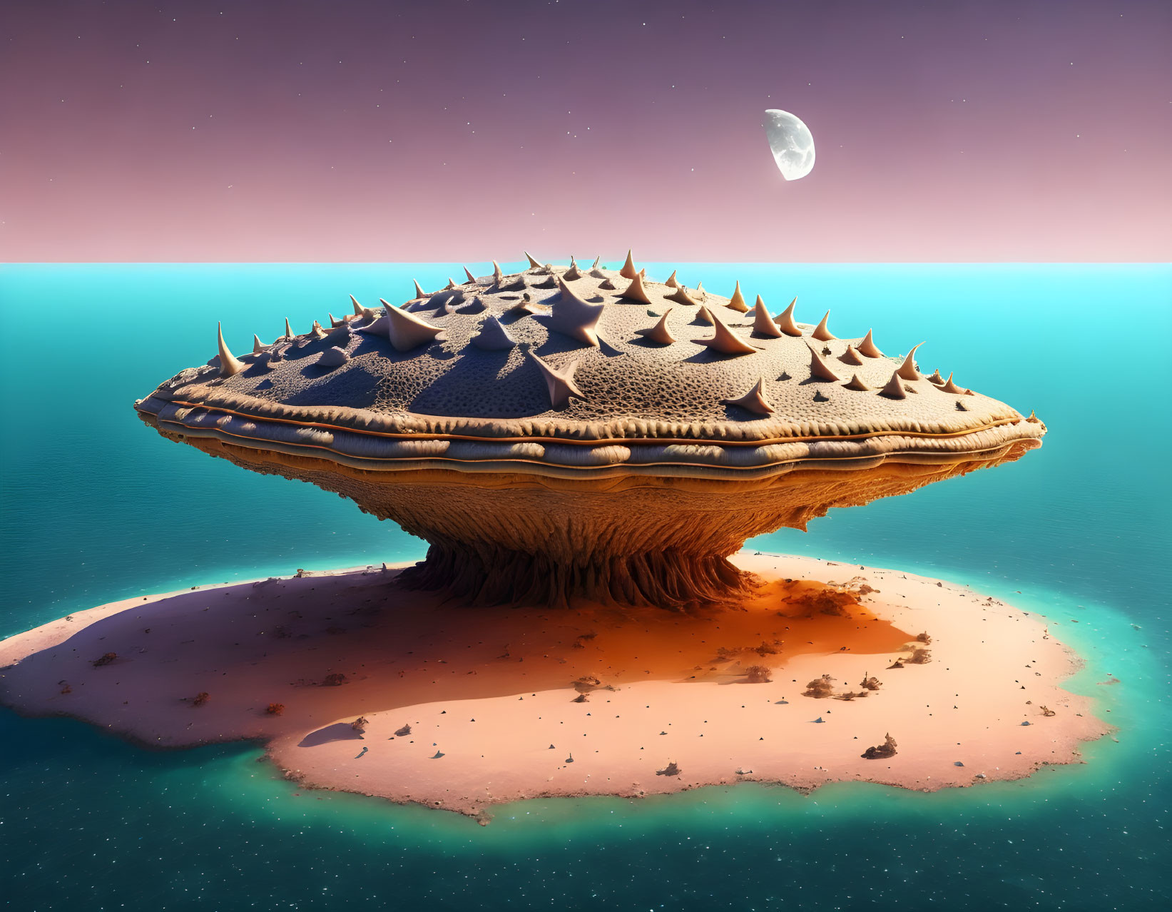 Mushroom-shaped island with spiky formations under a crescent moon on dusk sky