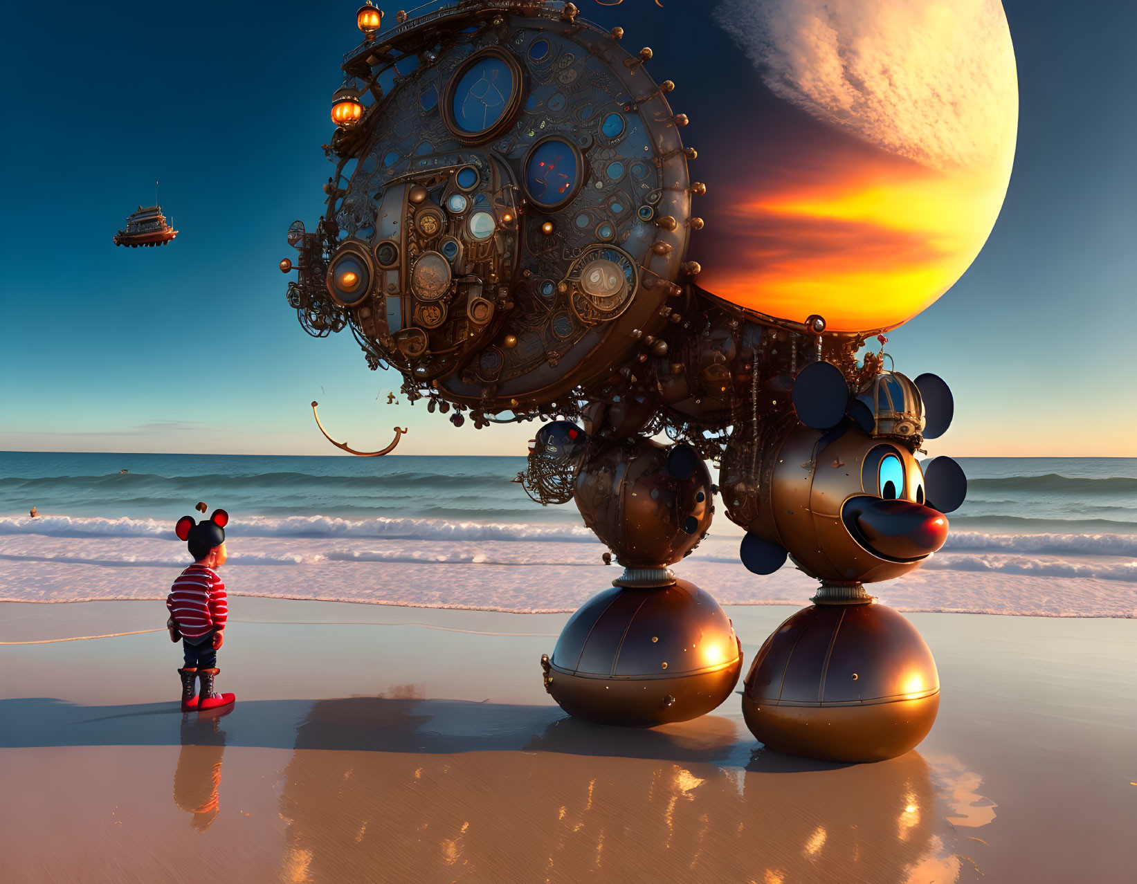 Child in Striped Outfit on Beach with Mechanical Mickey Mouse and Giant Planet