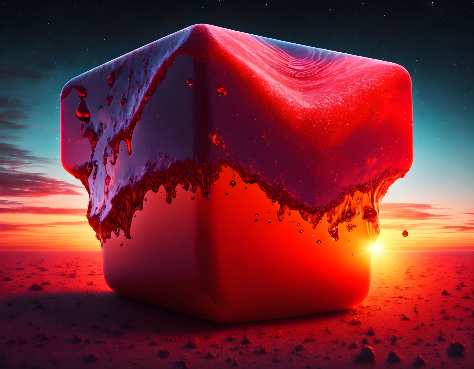 Surreal red cube melting against vibrant sunset sky