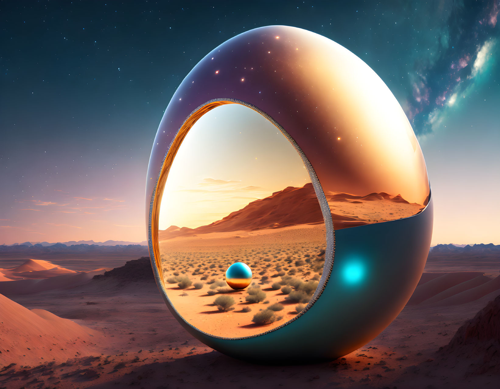 Shiny egg-shaped object reflecting cosmic scene in desert twilight