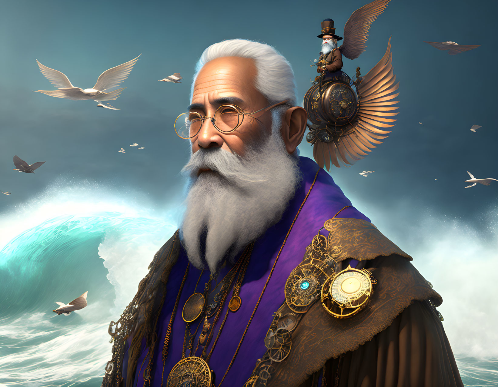 Elderly man in steampunk attire with white beard and mechanical owl, birds flying over wave