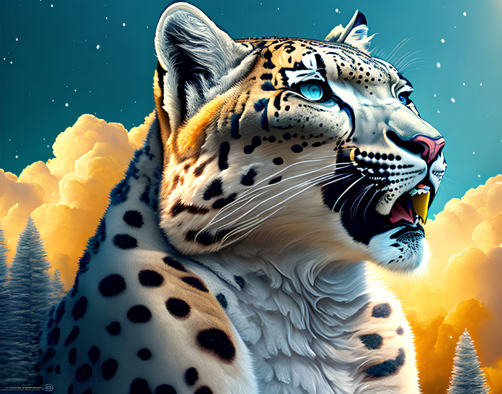 Snow leopard illustration against golden clouds and starry sky