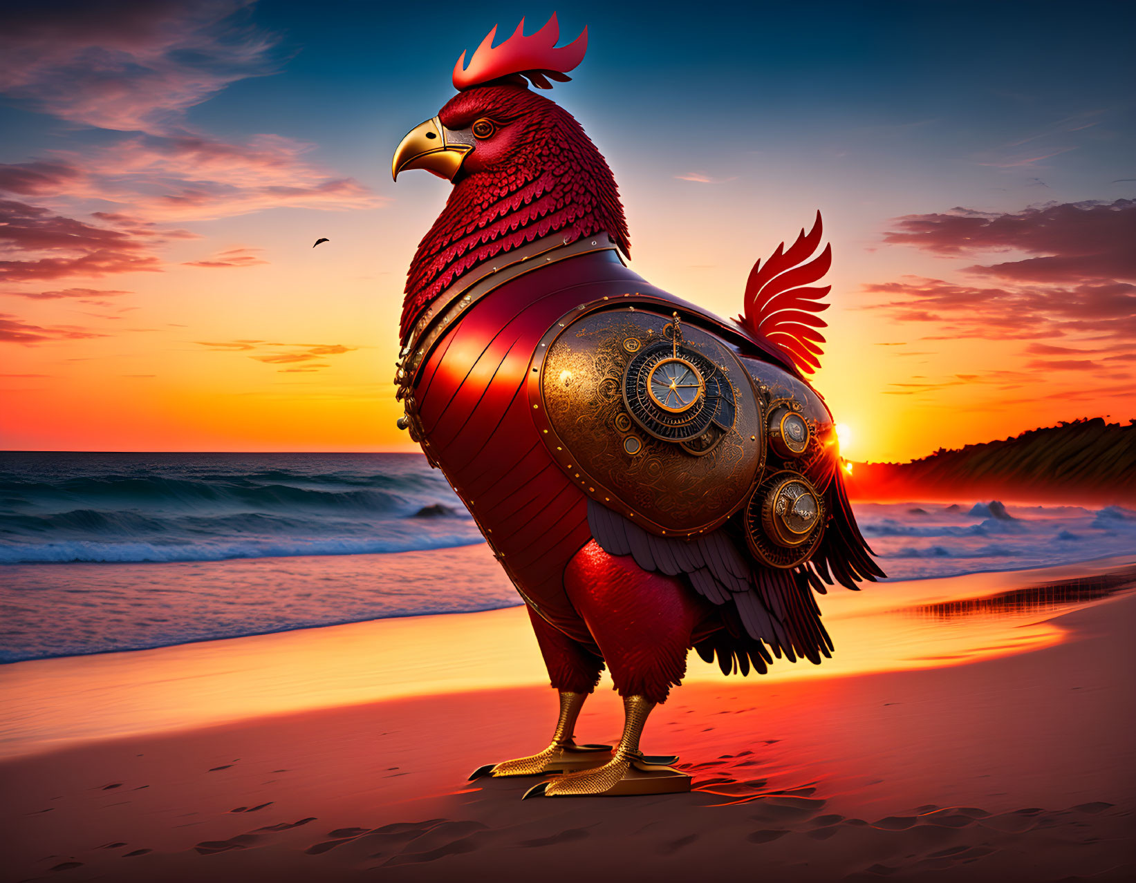 Colorful sunset beach scene with stylized armored rooster