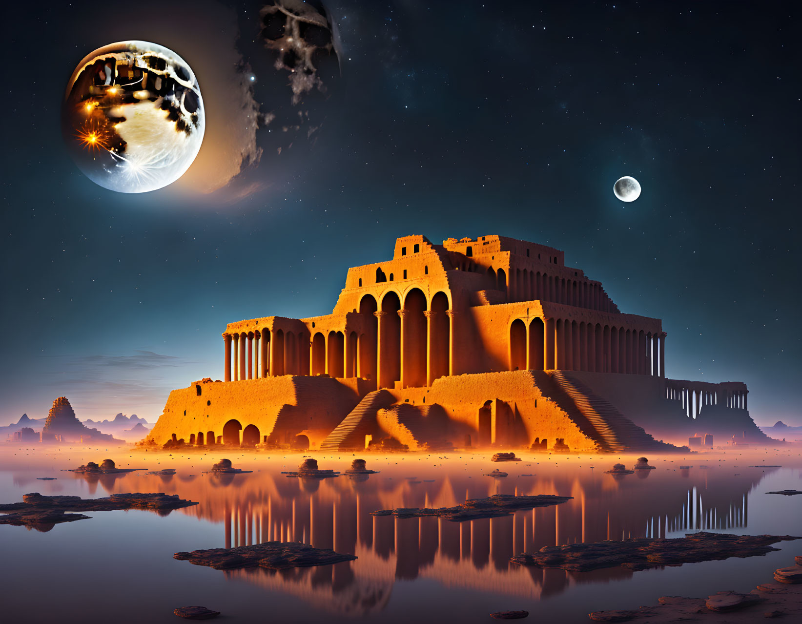 Surreal nightscape with ancient ruin, full moon, starry sky, and fantastical moon