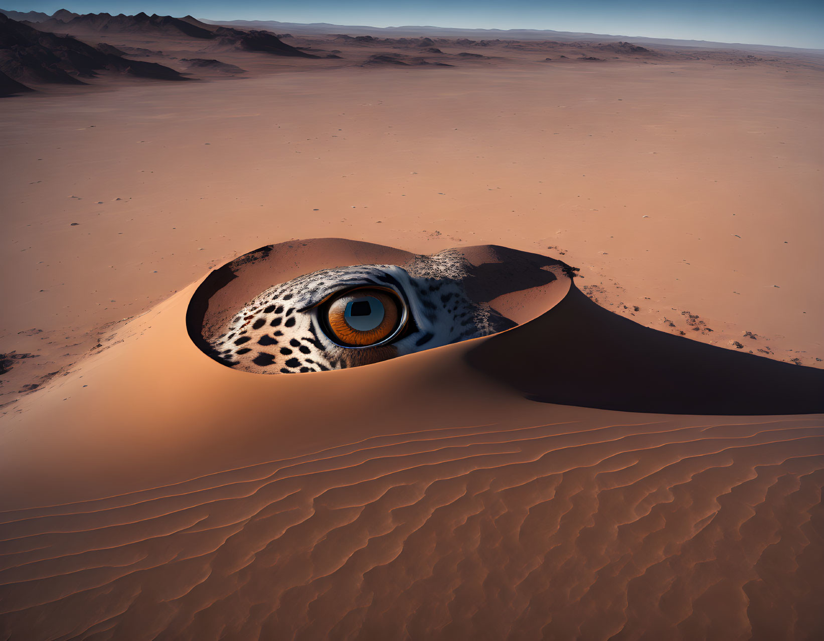 Giant eye in surreal desert landscape with sand dunes and mountains