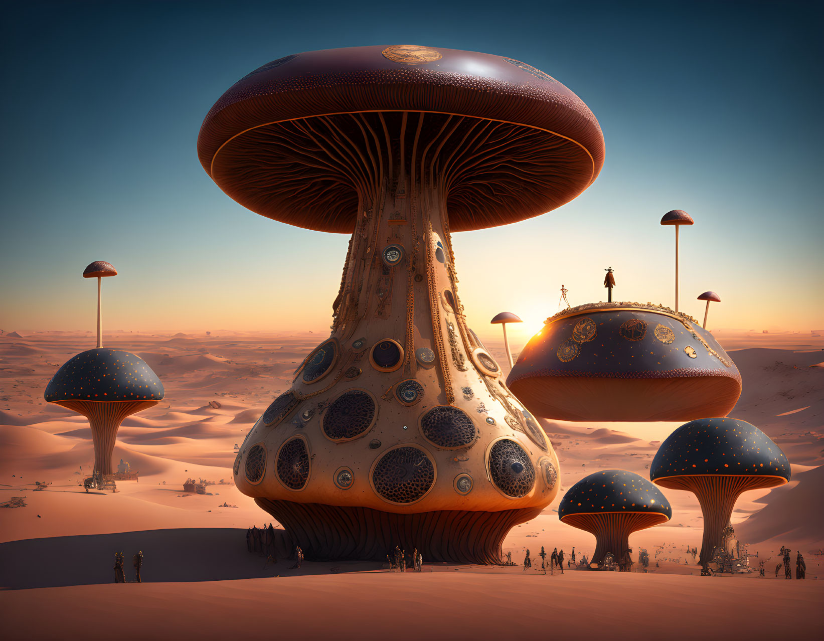 Giant mushroom-like structures in surreal desert landscape