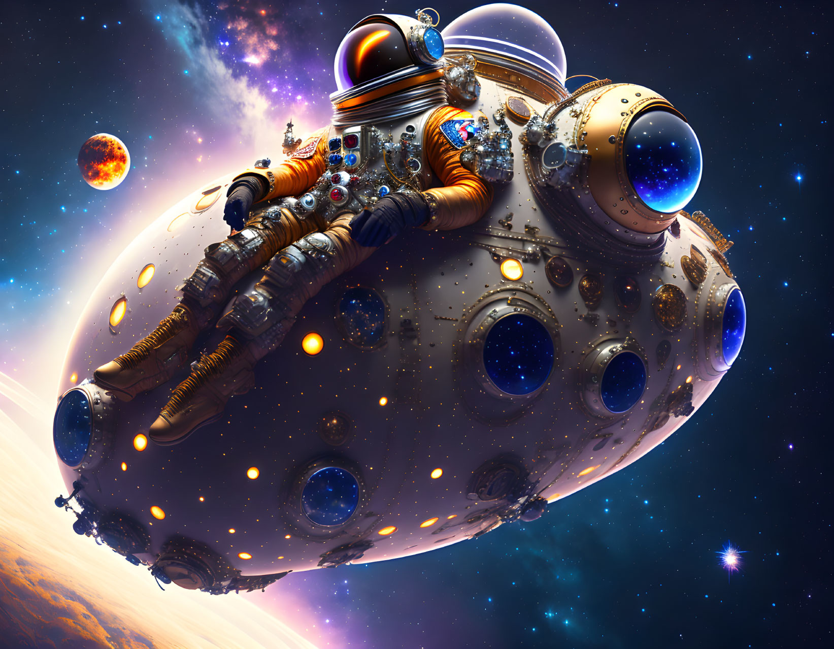 Detailed futuristic spaceship in cosmic space with planets and stars.