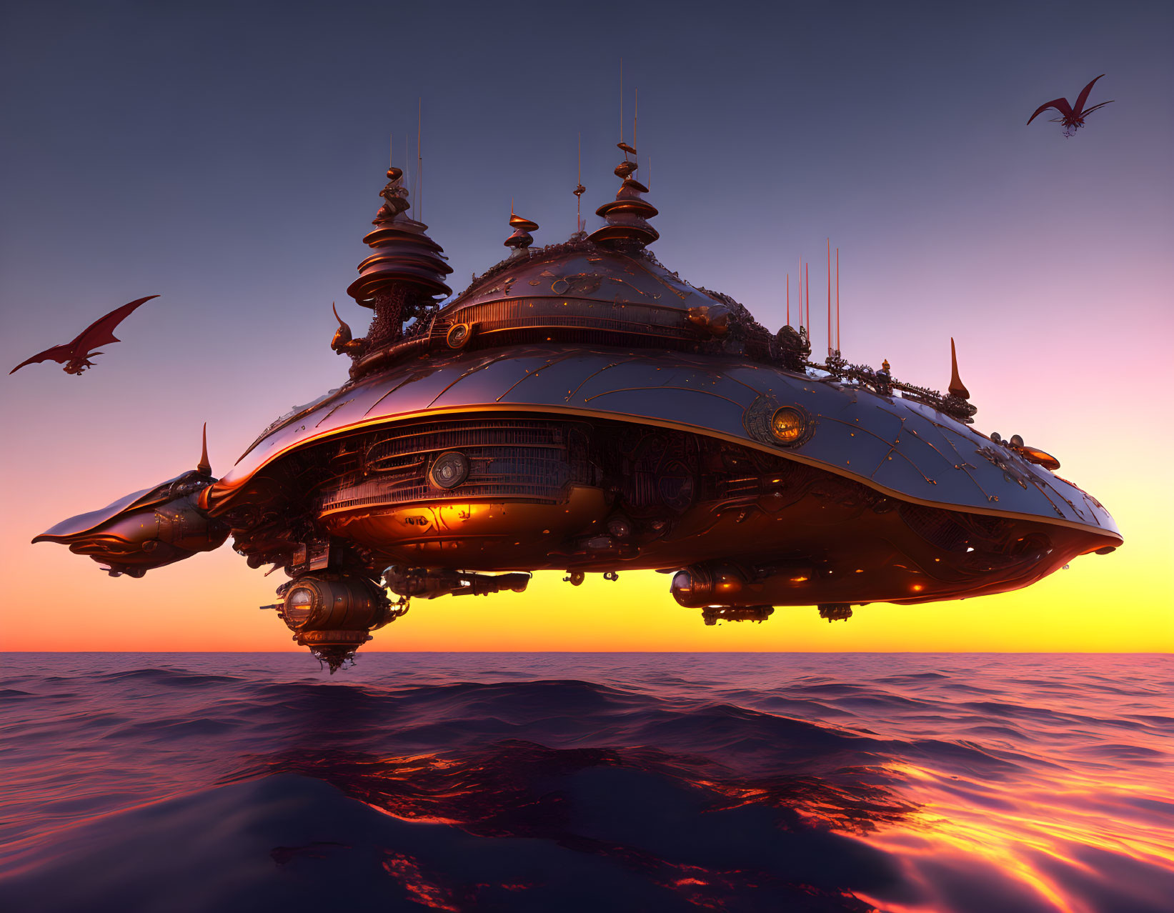 Steampunk airship over tranquil sea at sunset with mechanical gears and flying creatures.