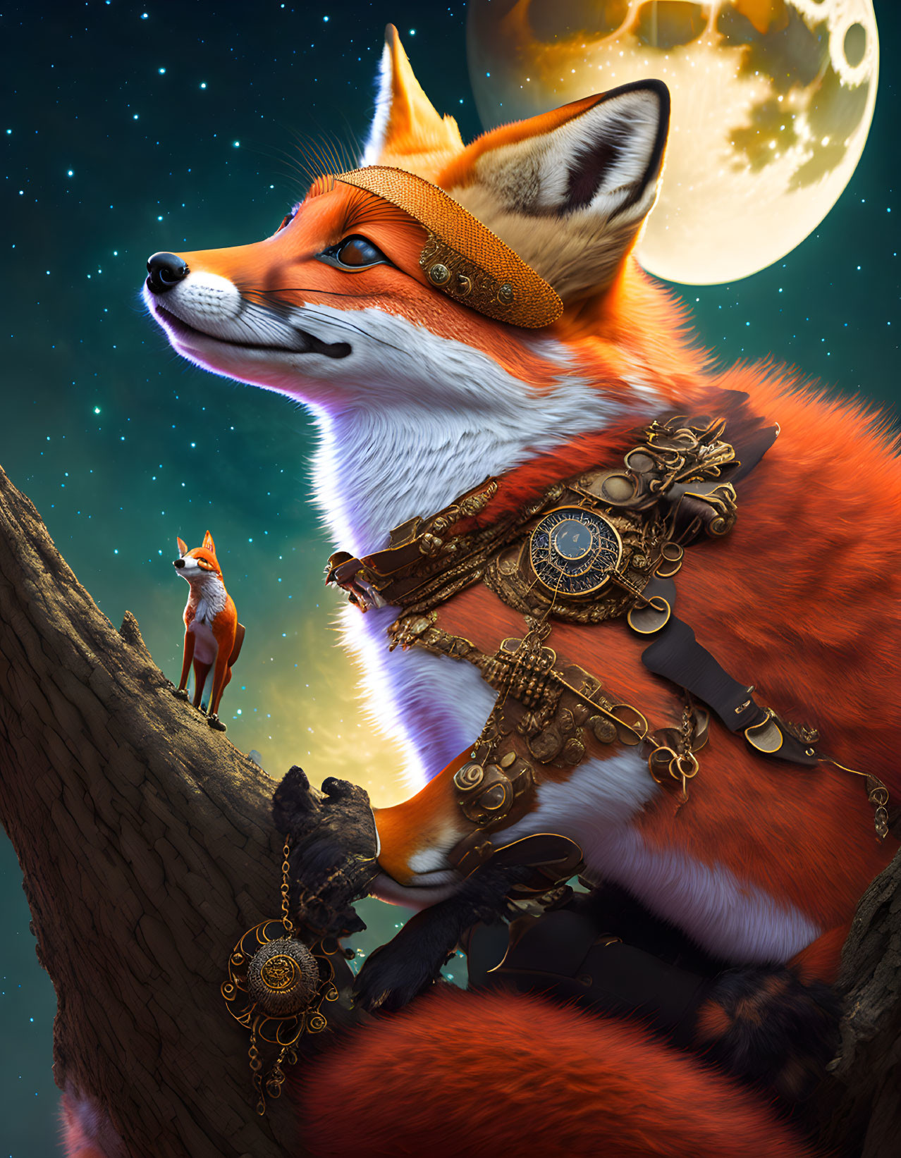 Anthropomorphic fox with ornate jewelry and moon backdrop.