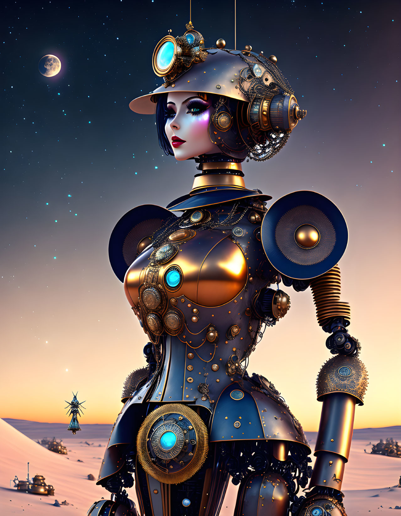 Detailed Steampunk Female Robot in Desert Twilight