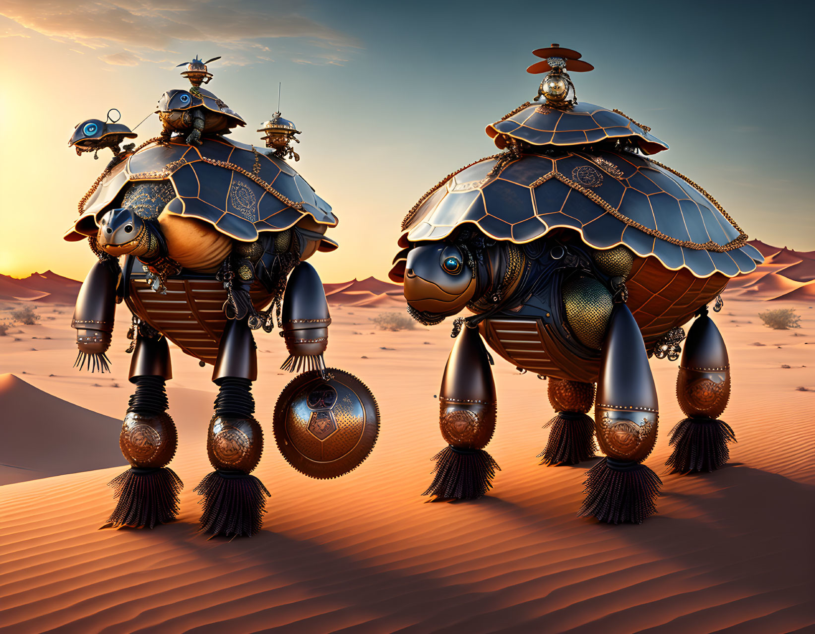 Intricate mechanical turtles in desert landscape at sunset