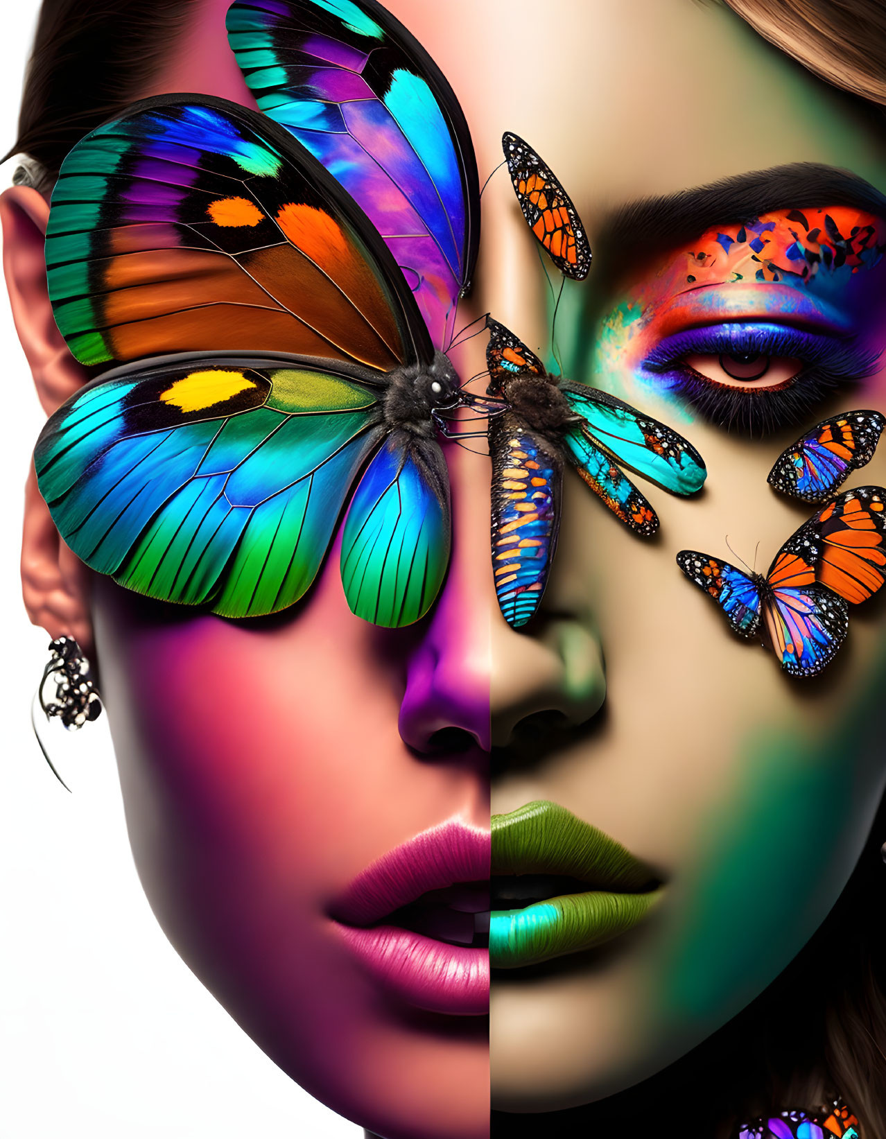 Colorful Butterfly Wing Makeup on Woman's Face