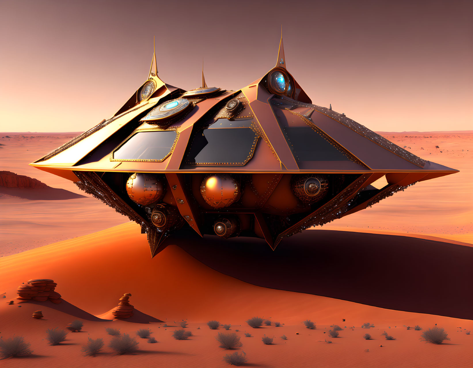 Futuristic spacecraft with ornate design lands on desert dune at sunset