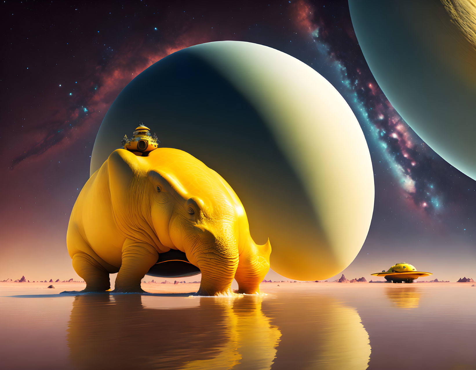 Surreal landscape with elephant, planet, figure, and spaceship