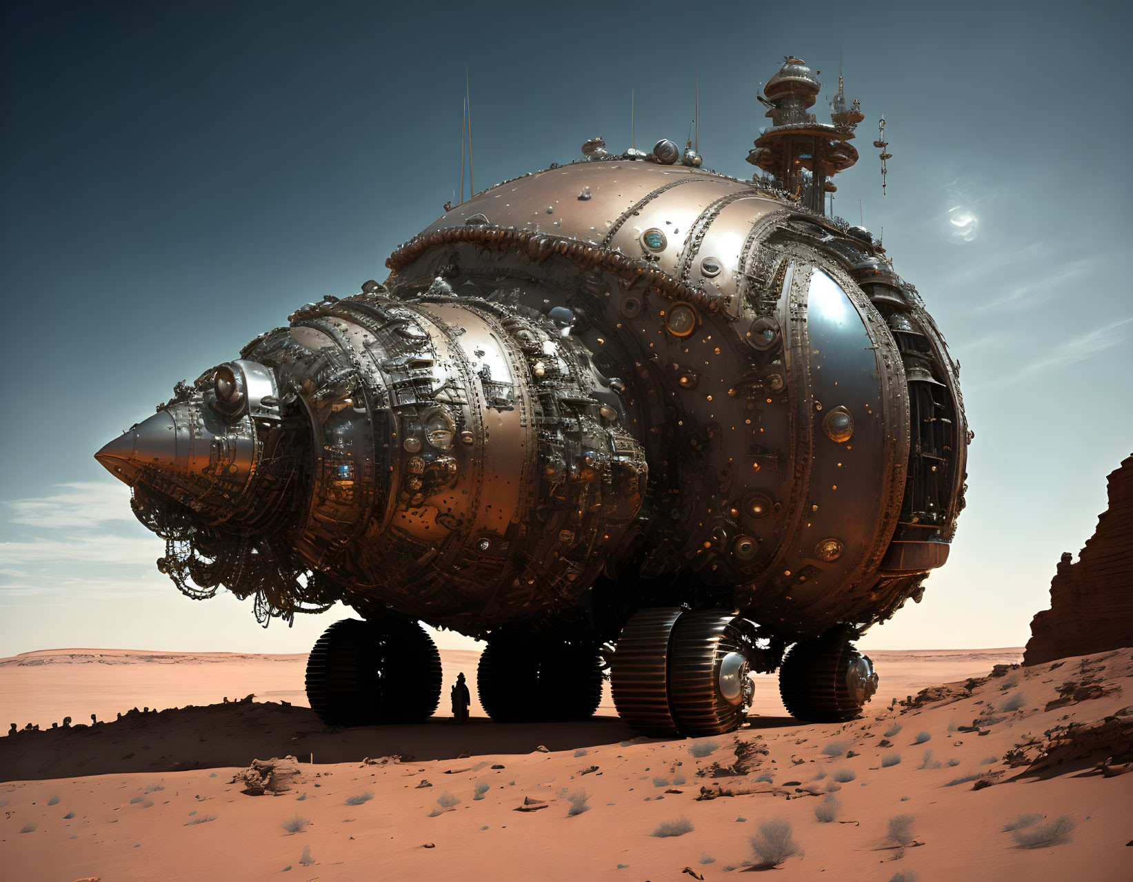 Intricate steampunk vehicle with multiple wheels in desert landscape