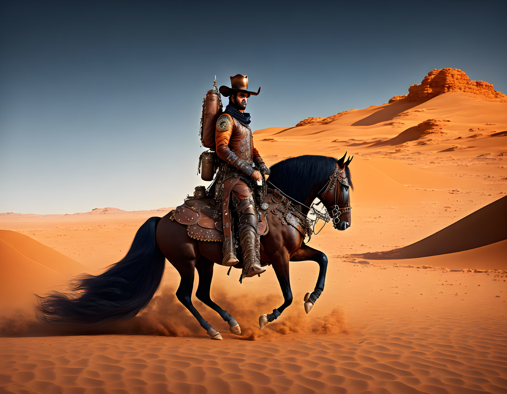 Medieval knight on horseback in desert landscape with sand dunes.