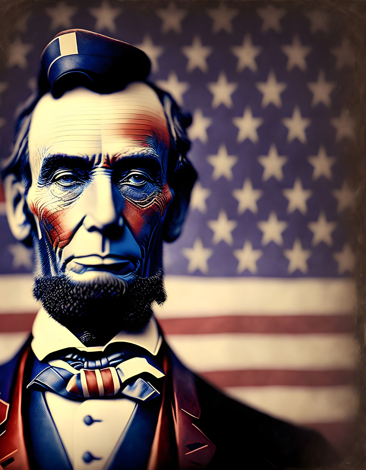 Bearded man in top hat against American flag backdrop