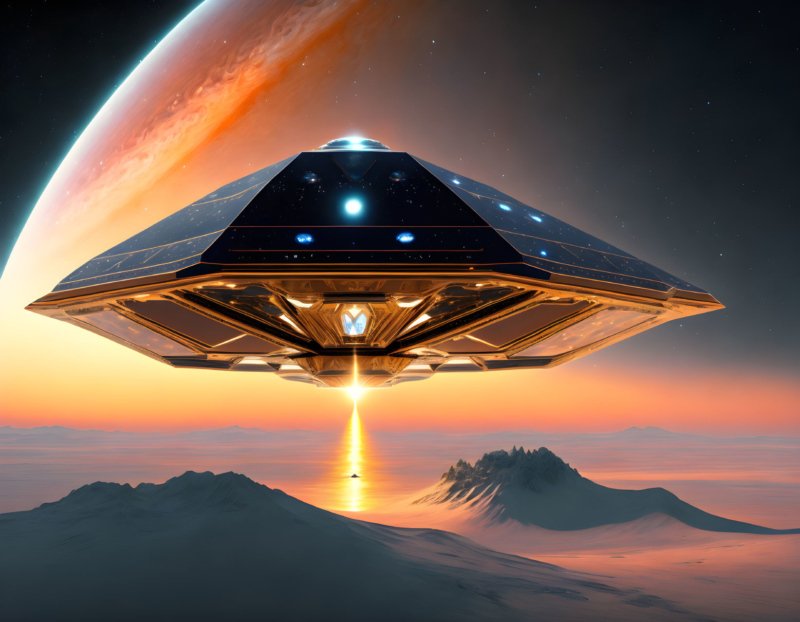 Futuristic spaceship over orange landscape with mountains and giant planet at sunrise/sunset