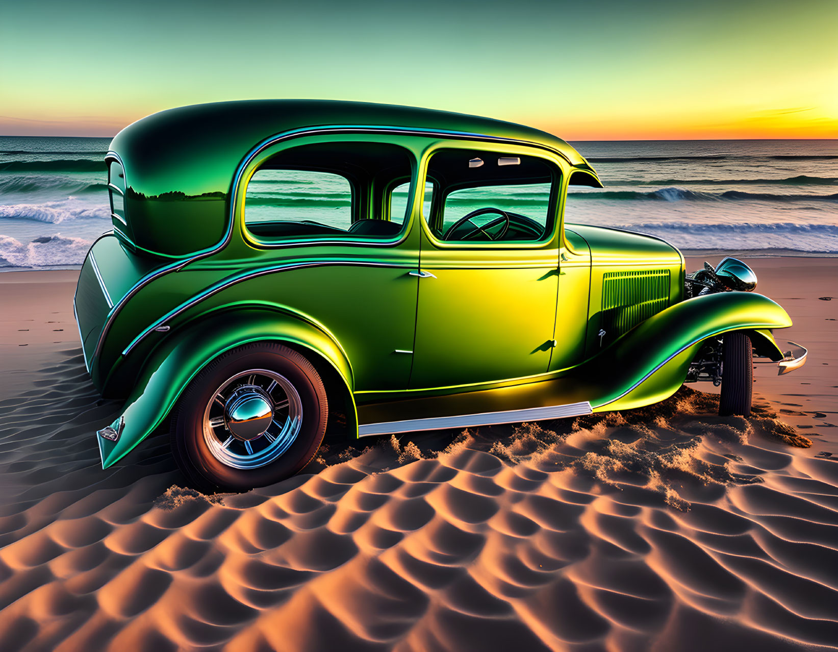 Vintage green car on sandy beach at sunset