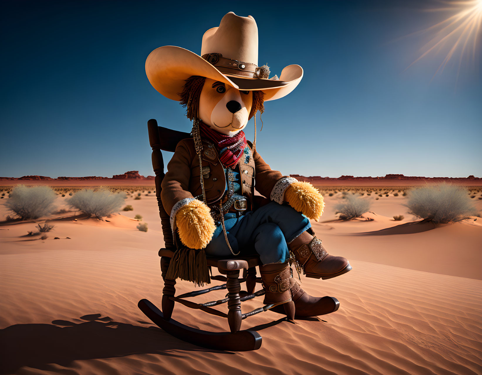 Cowboy-themed plush toy bear on rocking chair in desert landscape