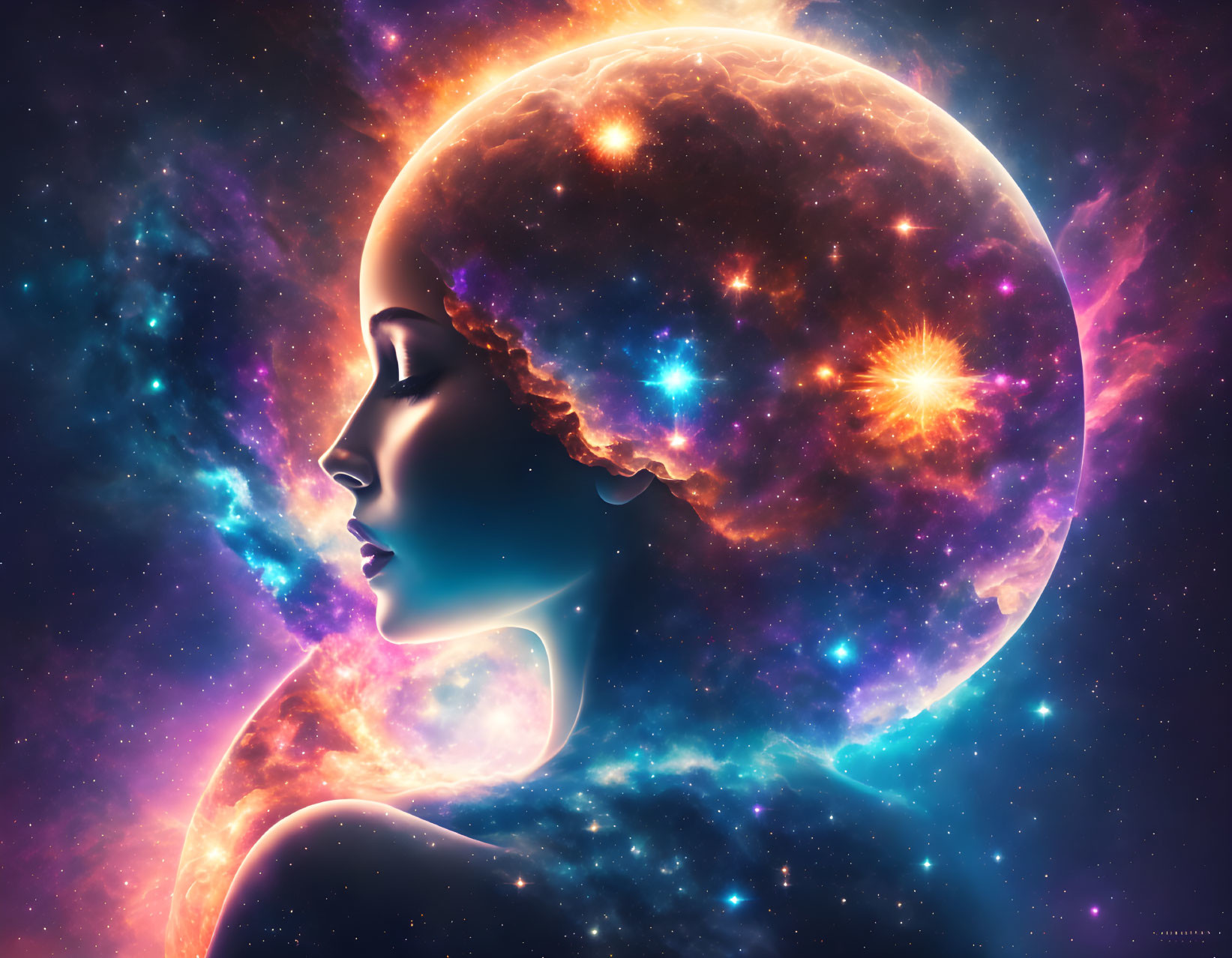 Silhouette of woman in cosmic background with star-filled nebula