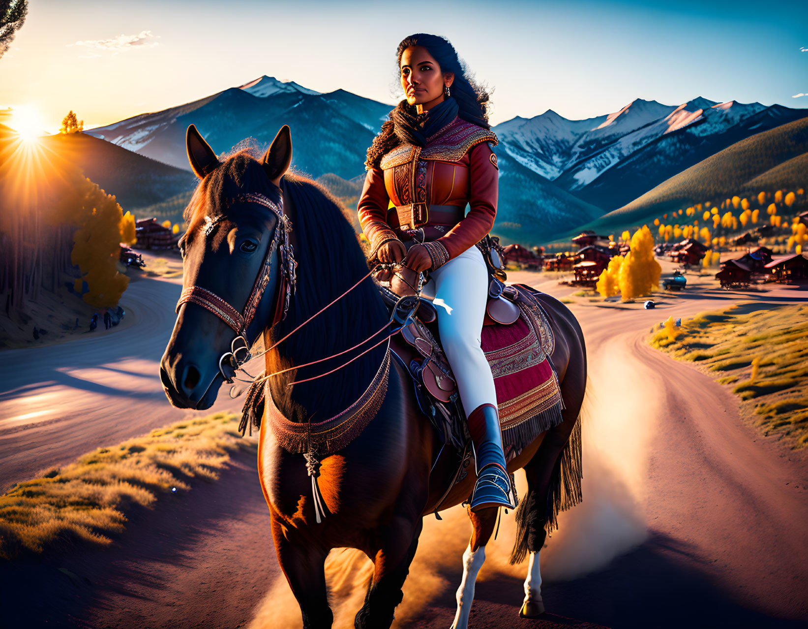 Woman in elegant riding attire on horse at sunset with snowy mountains and quaint village.