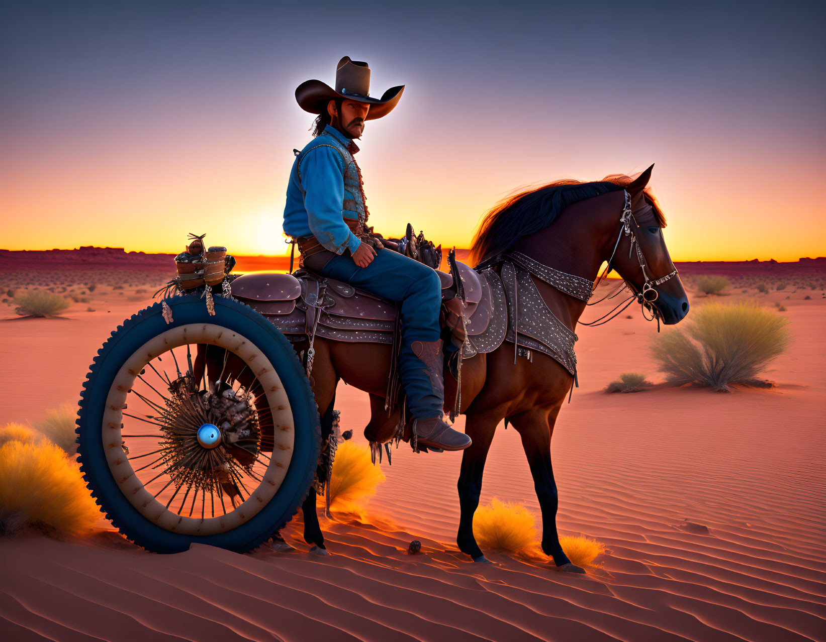 Cowboy riding horse in desert at sunset with vibrant skies and large tire.