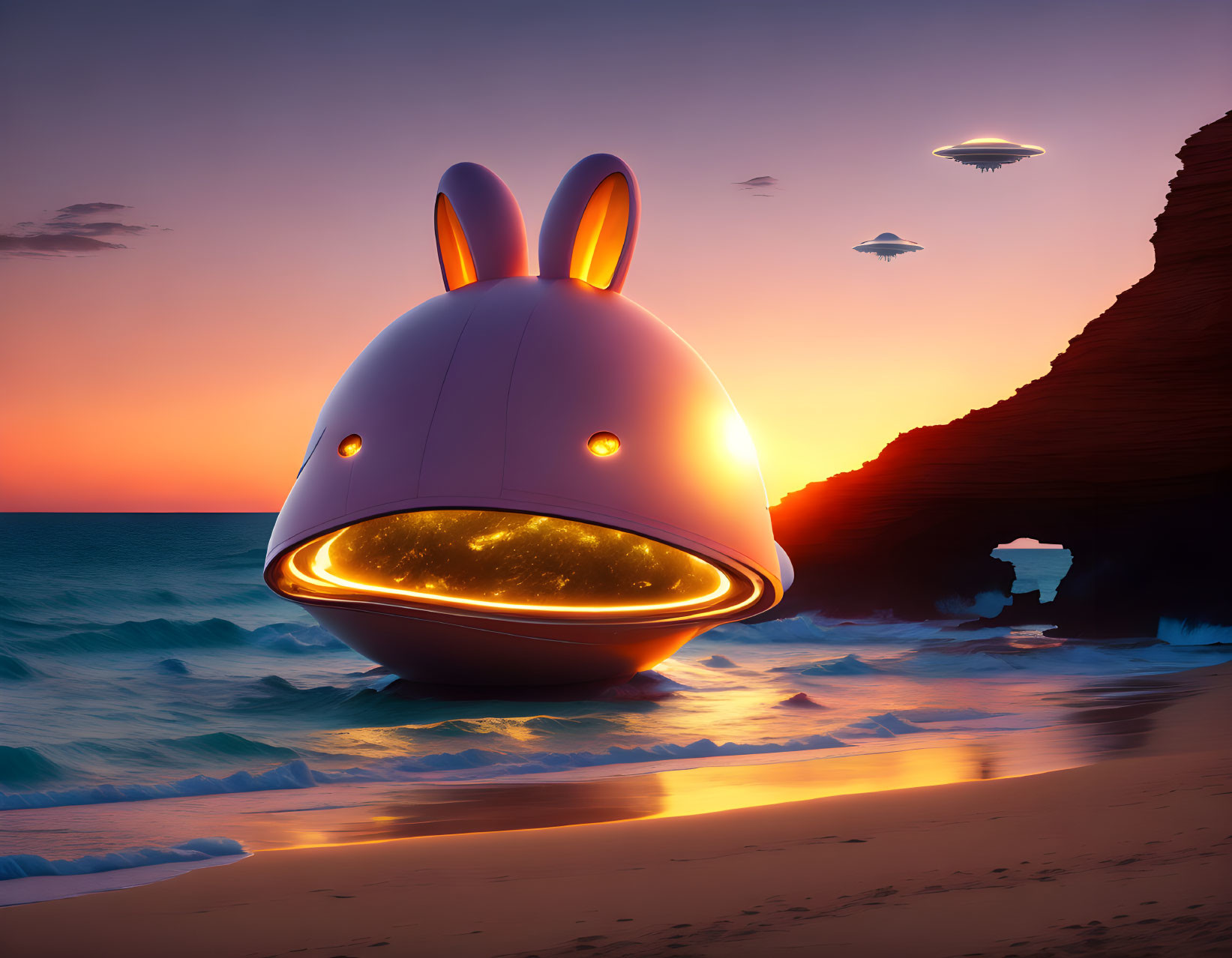 Futuristic rabbit-shaped helmet on beach at sunset with glowing visor & UFOs in sky