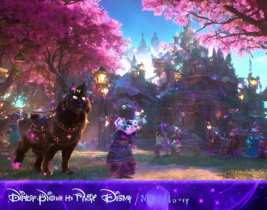 Fantasy twilight scene with enchanted trees, black cat, whimsical creatures, and magical orbs