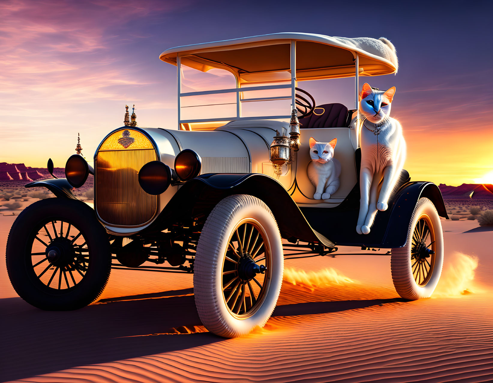 Vintage Car with Glowing Wheels and Cats in Desert Sunset