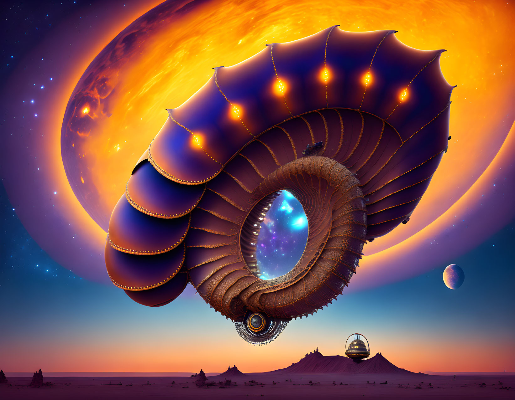 Digital artwork: Giant shell structure above desert with planet in sky