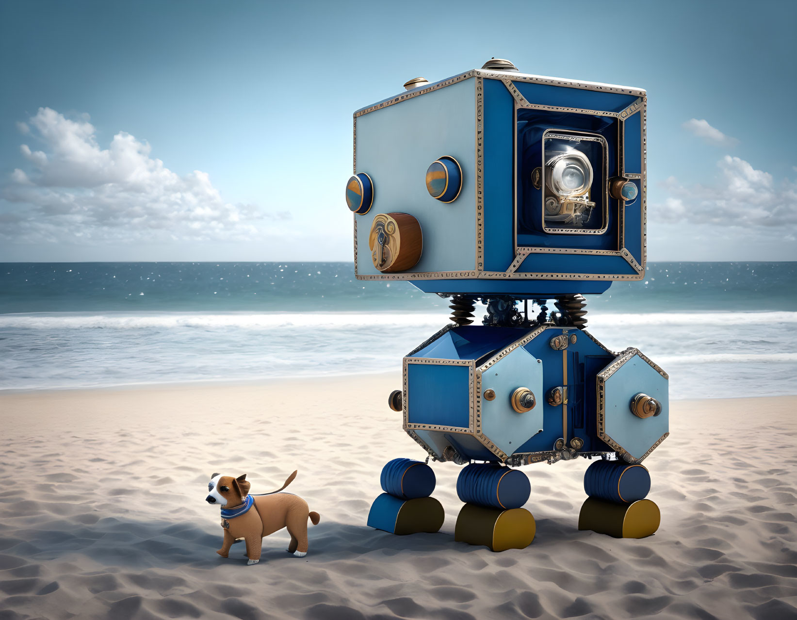 Whimsical robot with vintage camera head on sandy beach with small dog