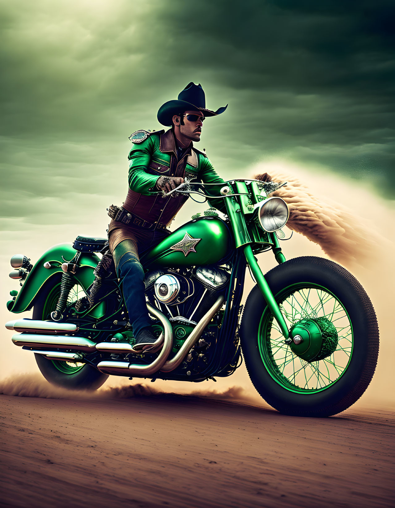 Cowboy on Green Custom Motorcycle under Dramatic Sky