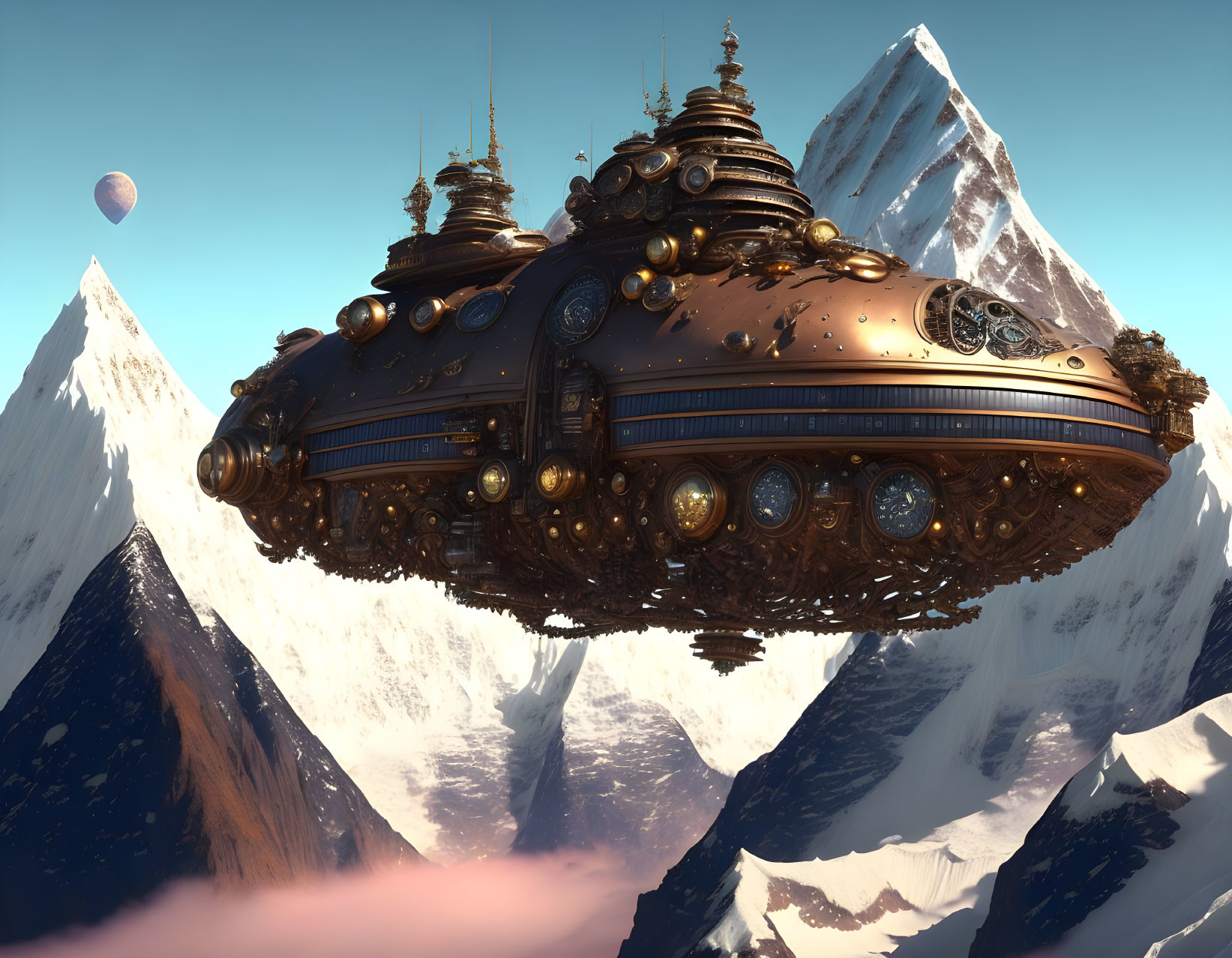 Ornate steampunk airship over snowy mountains and distant planet