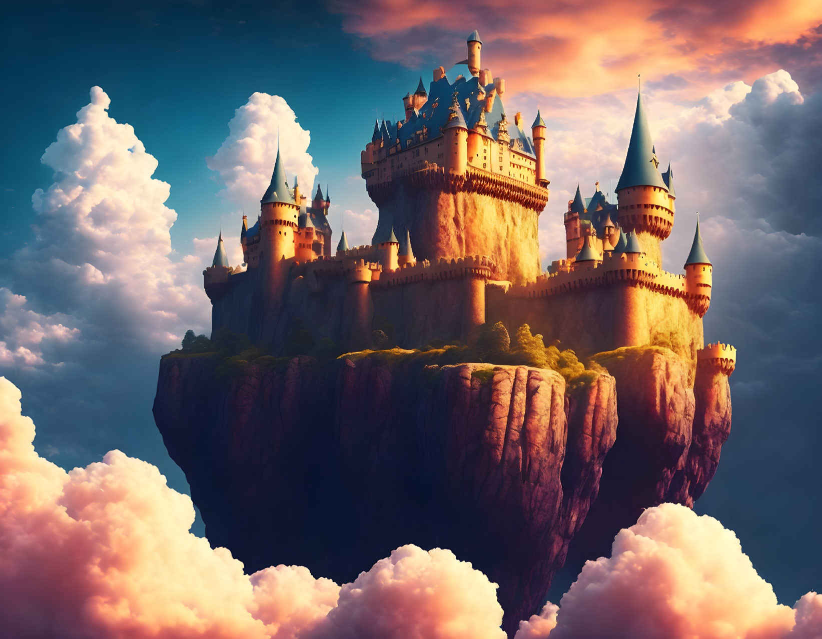 Majestic castle on floating island at sunset