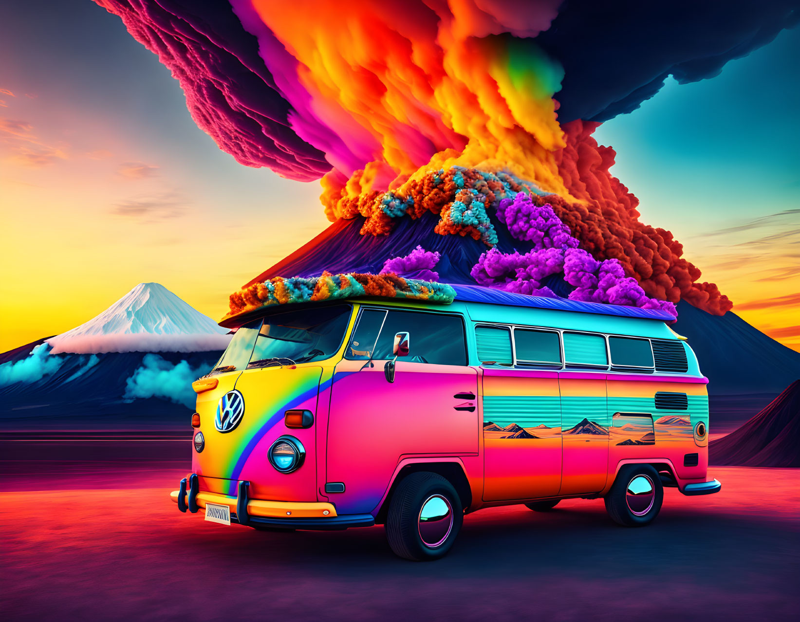 Colorful Volkswagen Van in Front of Erupting Volcano