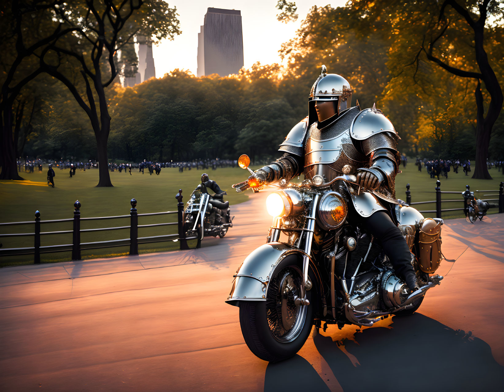 Medieval armored person on motorcycle at sunset in park with buildings and people