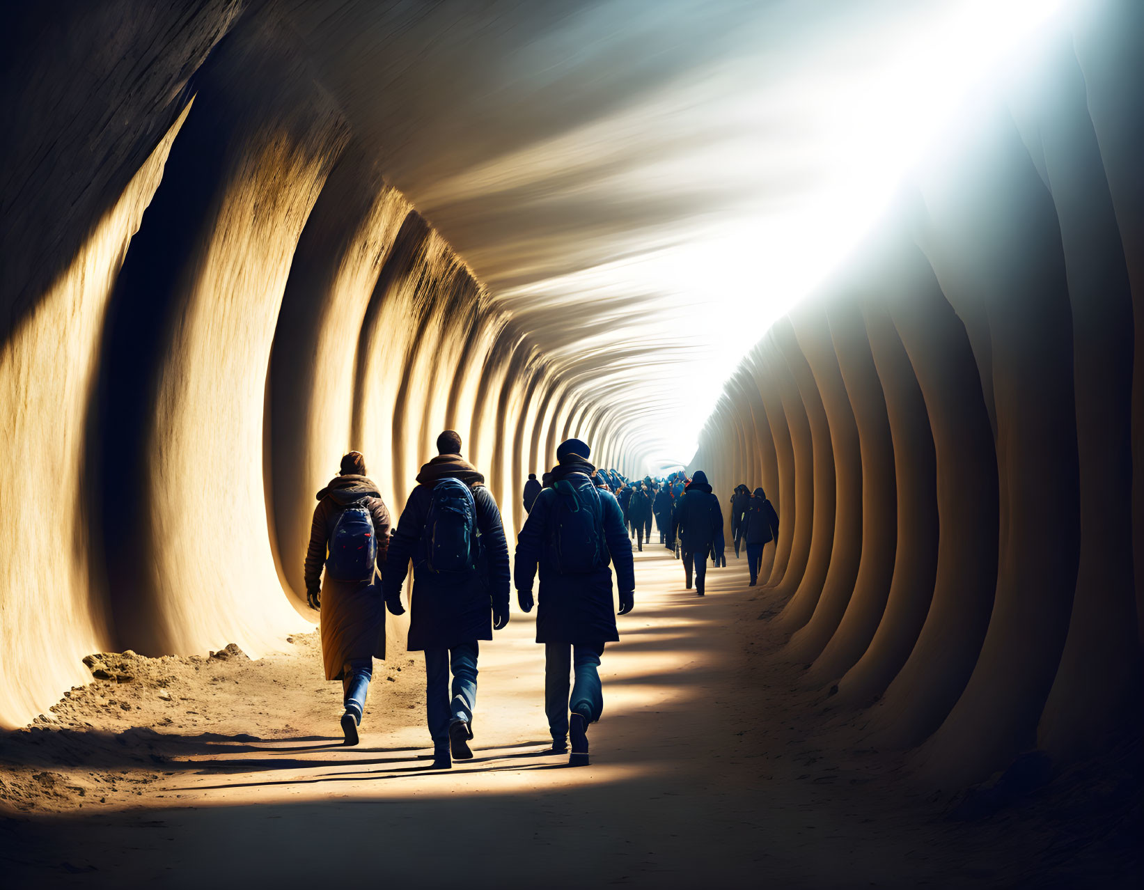 Silhouetted figures in luminous tunnel with ribbed walls