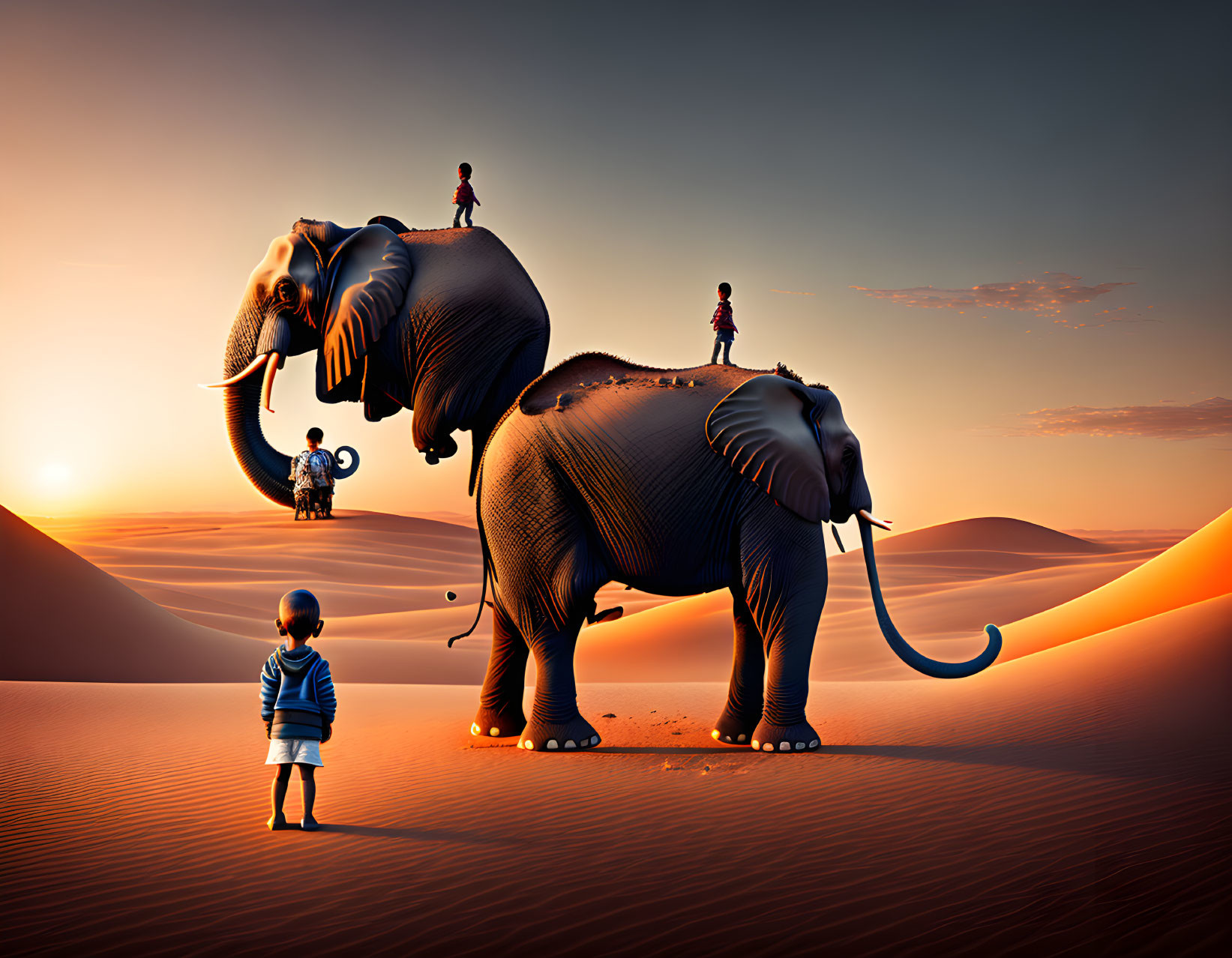 Children with giant elephants in surreal desert twilight.