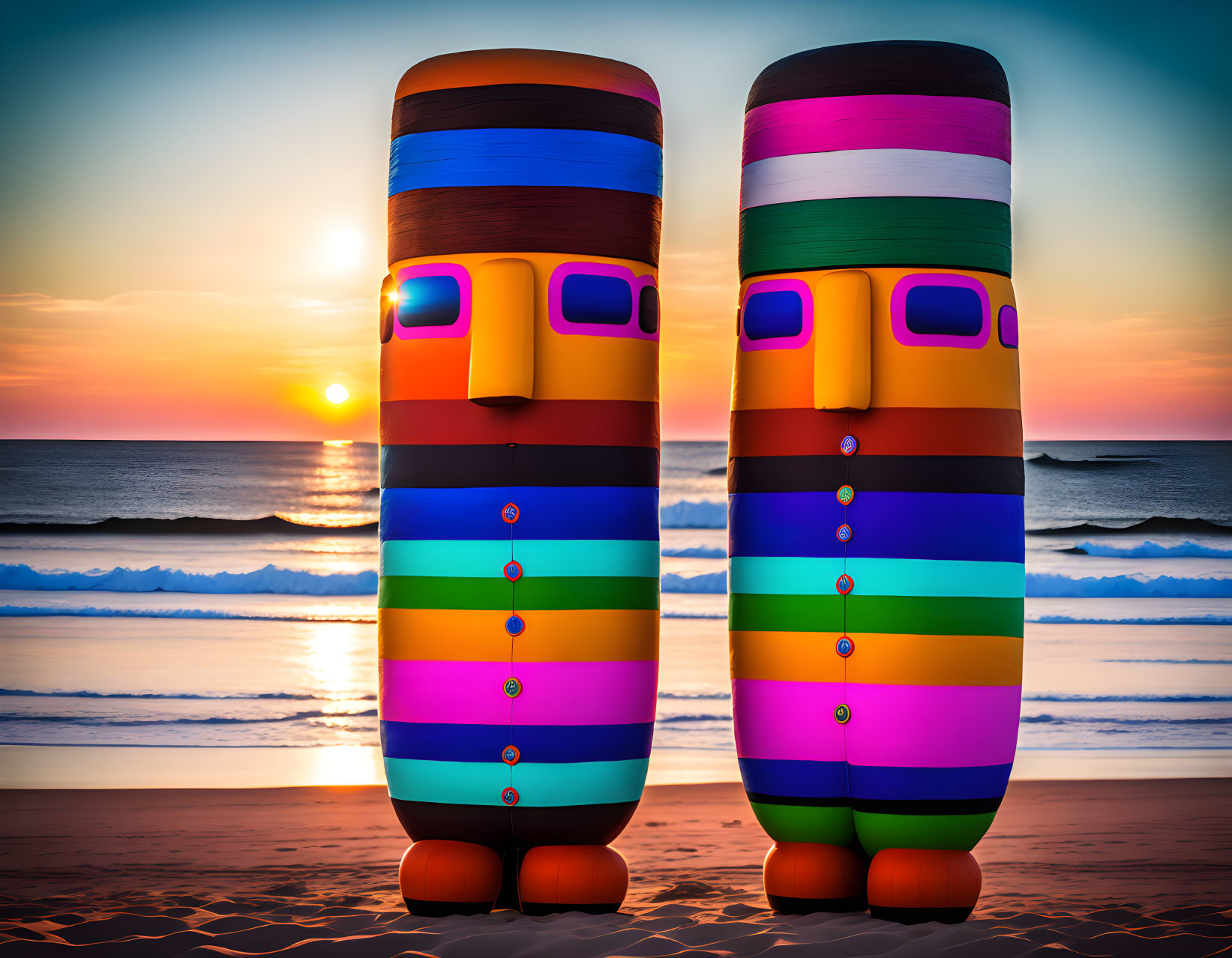 Colorful anthropomorphic pillars on beach at sunset resemble whimsical totem poles