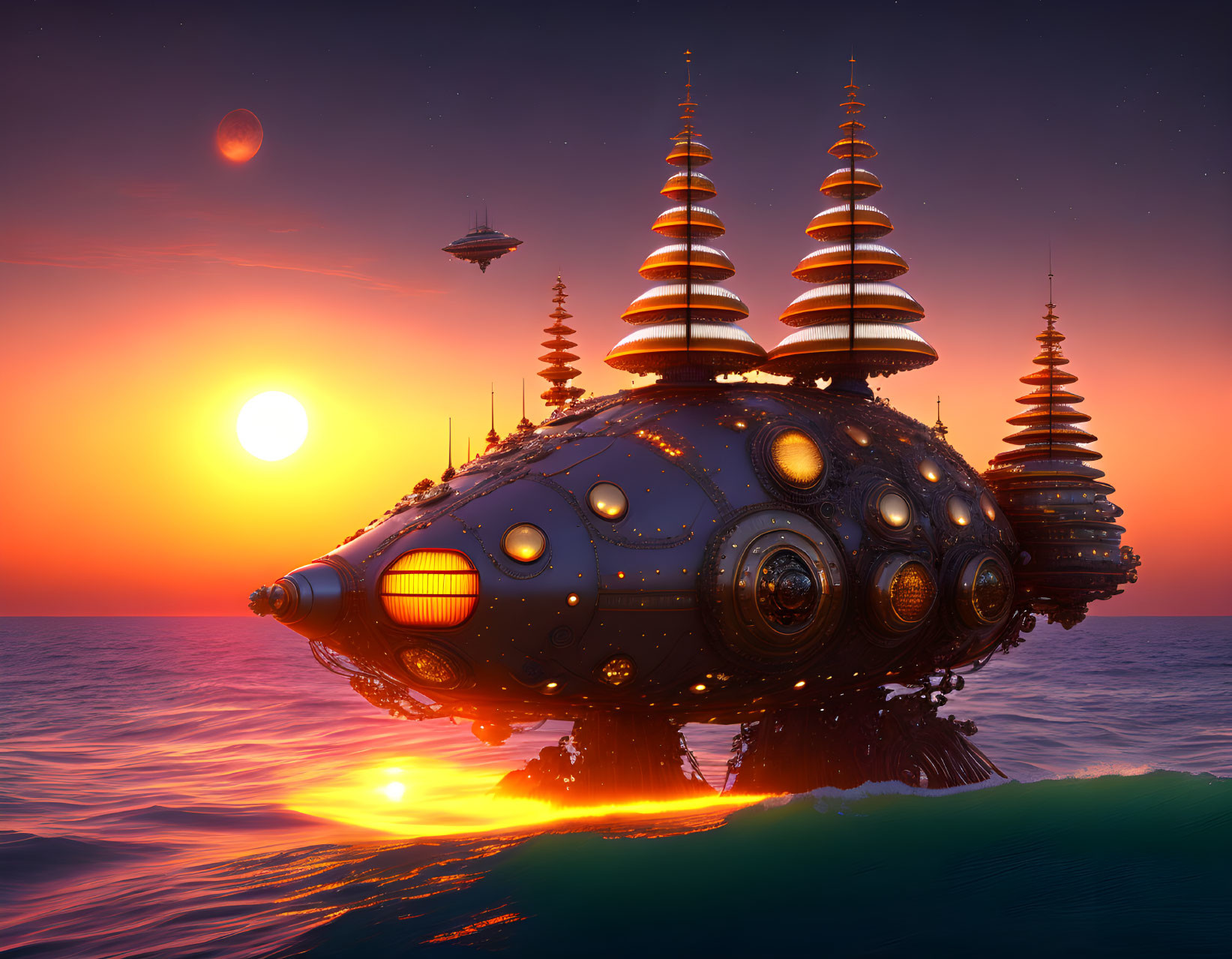 Futuristic sea vessel with towering masts on alien planet horizon at sunset