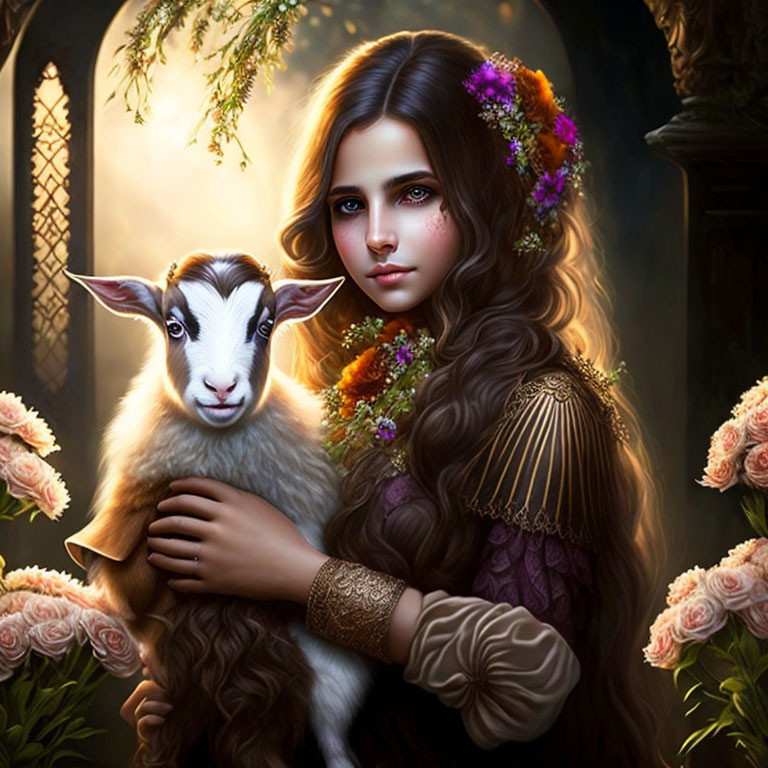 Girl with Long Wavy Hair Embracing Lamb in Nature with Floral Decorations