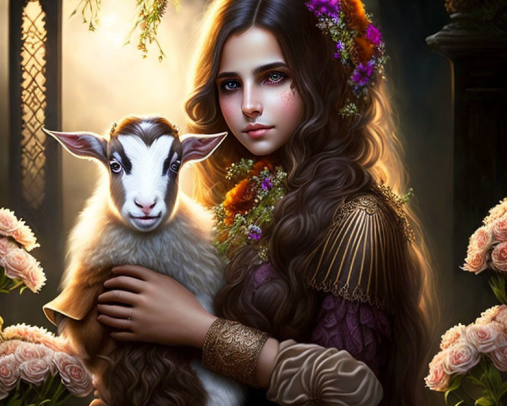 Girl with Long Wavy Hair Embracing Lamb in Nature with Floral Decorations