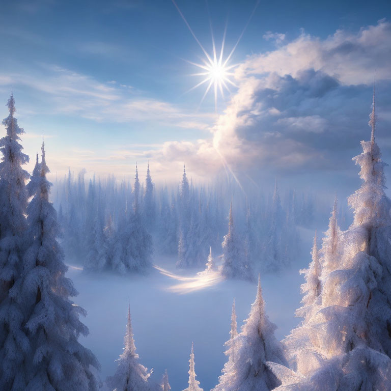 Snow-covered fir trees in serene winter landscape with sunburst and mist above snow