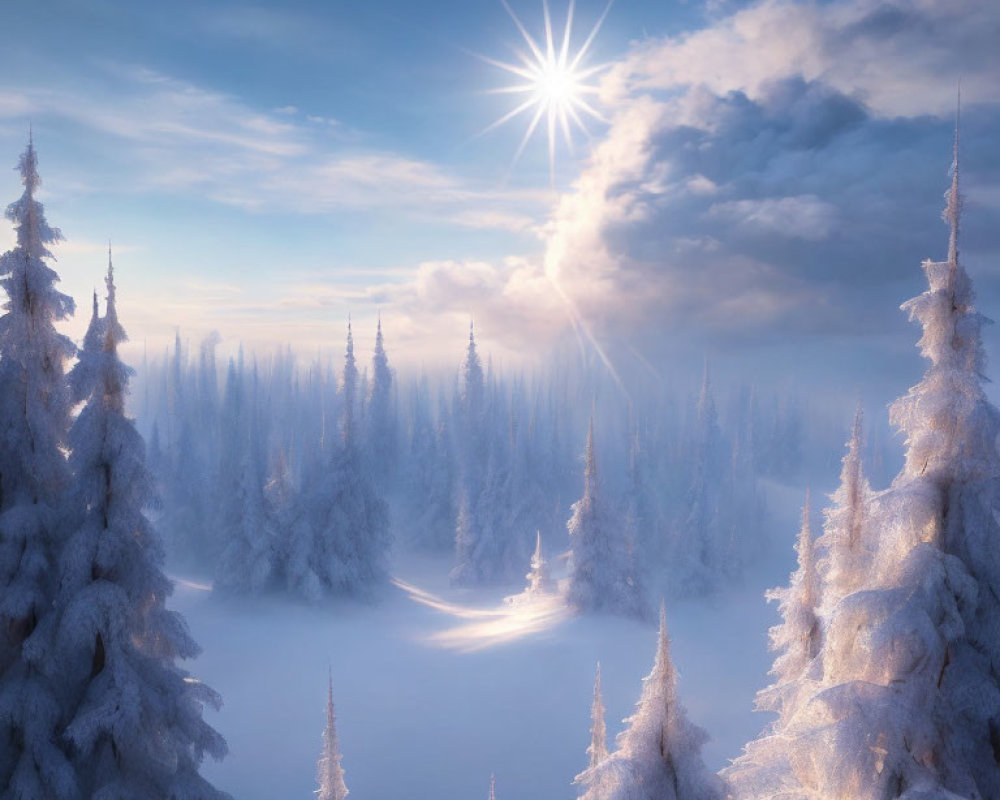 Snow-covered fir trees in serene winter landscape with sunburst and mist above snow