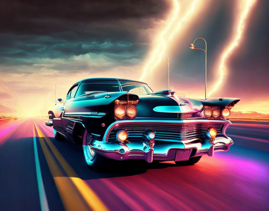 Colorful Digital Artwork: Classic Car Racing on Neon Road