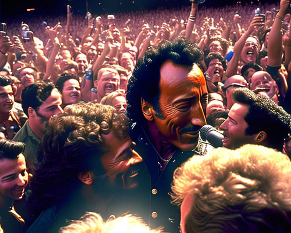 Live Concert Performance with Smiling Performer and Cheering Audience